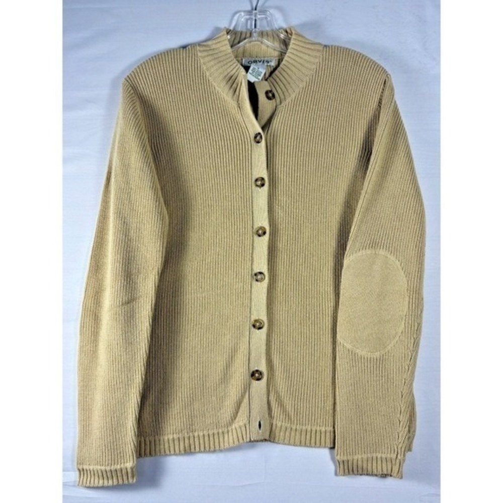 Orvis‎ Ribbed Knit Cardigan Sweater Tan Beige Elbow Patches Mock Neck Mens Small